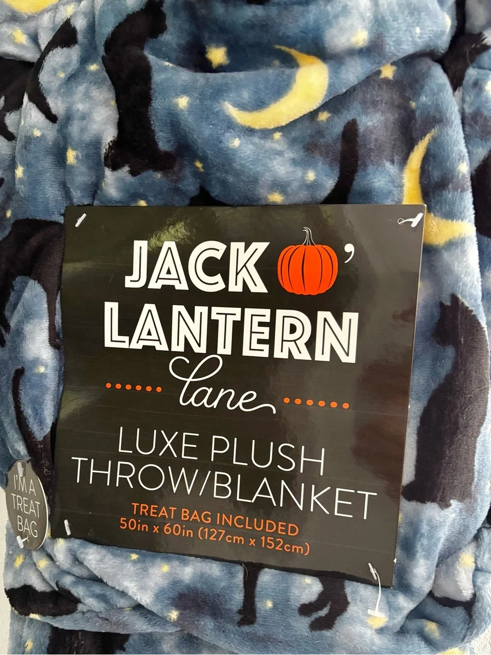 Luxe Plush Throw Blanket - Gray Moon & Cat - including Treats bag- for Halloween